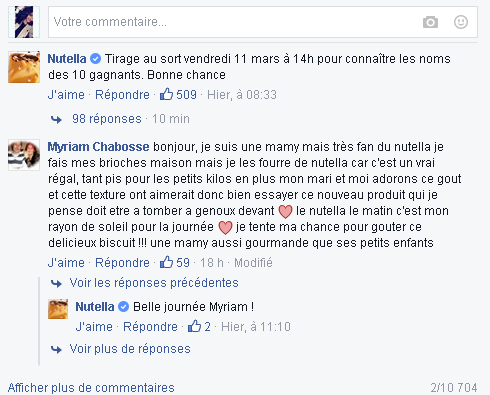 Exemple de commentaire sur la page Facebook de Nutella .